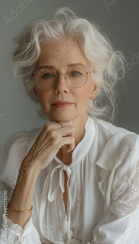 Retrato de Corpo de Idosa Brasileira Elegante com Roupa Branca e Óculos, Fundo Branco, Fotorealismo IA Generativa