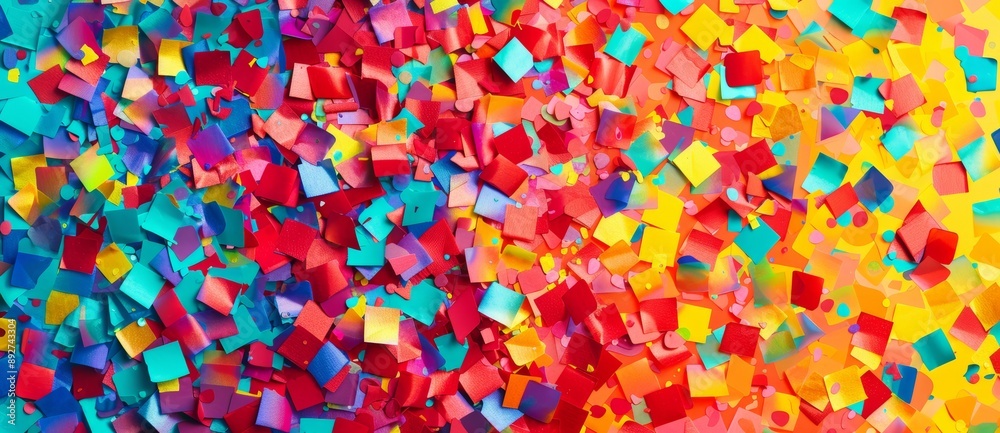 Brightly colored confetti is scattered across a vibrant background, creating a cheerful and festive atmosphere. This image is perfect for any project that needs a touch of fun and excitement Brightly colored confetti is scattered across a vibrant background, creating a cheerful and festive atmosphere. This image is perfect for any project that needs a touch of fun and excitement