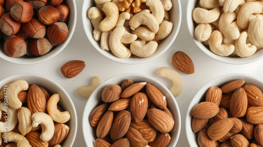 Circular ceramic bowls filled with almonds, macadamia nuts, cashews, and peanuts, creatively displayed to showcase textures and colors for food ads or dietary Circular ceramic bowls filled with almonds, macadamia nuts, cashews, and peanuts, creatively displayed to showcase textures and colors for food ads or dietary