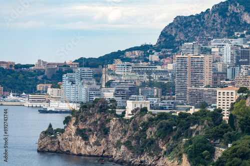 Morning view on houses and harbour of Monte-Carlo town in Monaco principality
