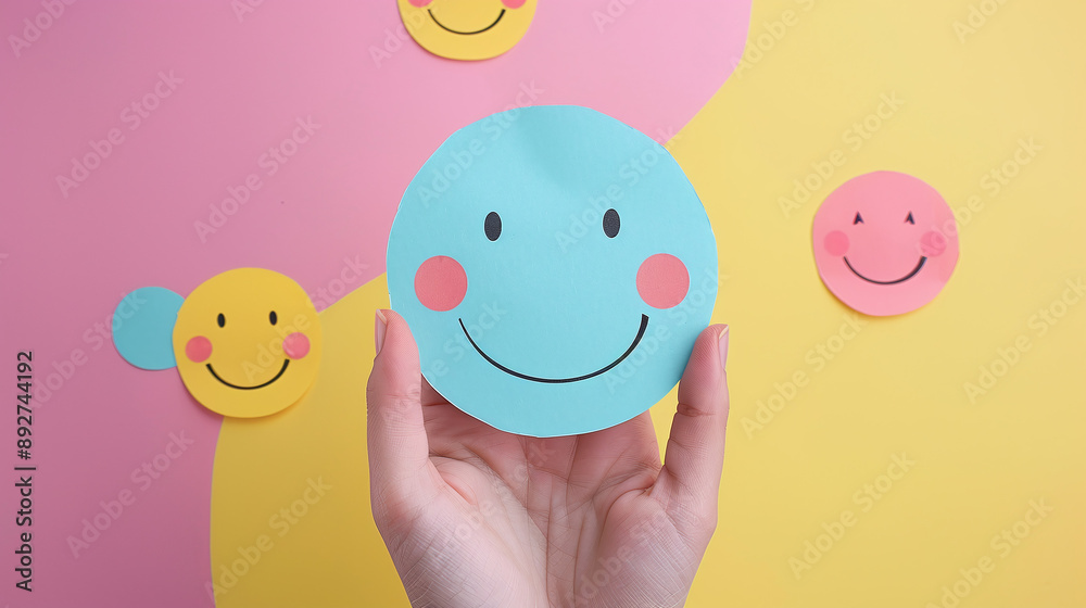 Hand holding paper cut smile face isolated on a colored background - positive thinking and mental health assessment. Hand holding paper cut smile face isolated on a colored background - positive thinking and mental health assessment.