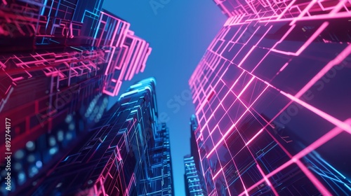 Glowing neon wireframe hologram super tall tower against blue and pink gradient city skyline background, 3D technology.