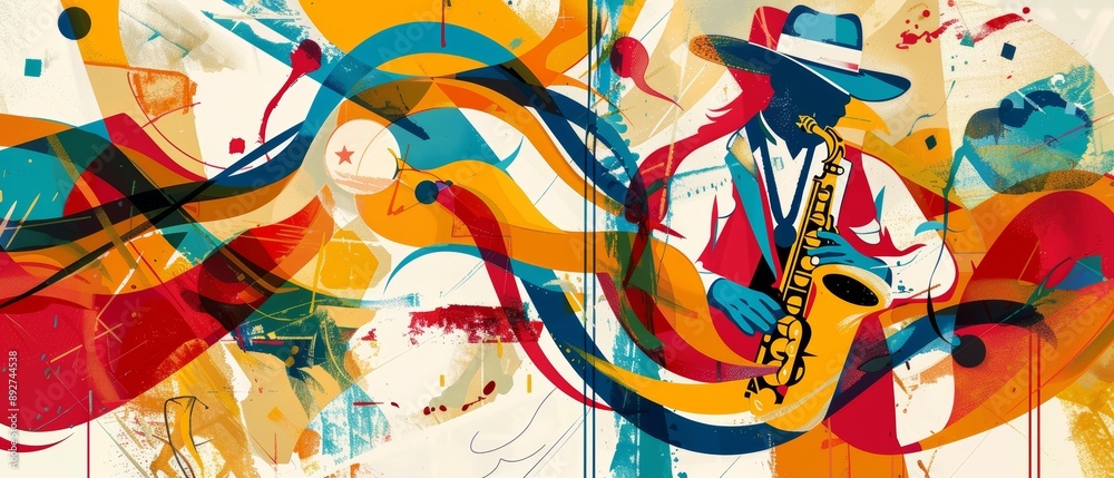 Obraz premium Colorful abstract art featuring a jazz musician playing the saxophone with vibrant swirls of color surrounding him