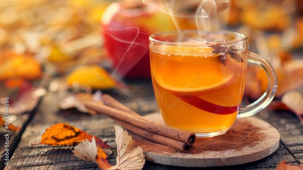 Steaming apple cider with autumn leaves Steaming apple cider with autumn leaves