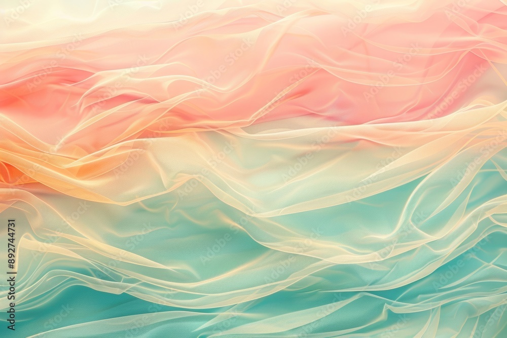 Fototapeta premium Flowing tulle fabric in elegant pastel colors creates a dreamy background with gentle waves and folds, adding sophistication and style. Perfect for fabric, texture, or color backgrounds