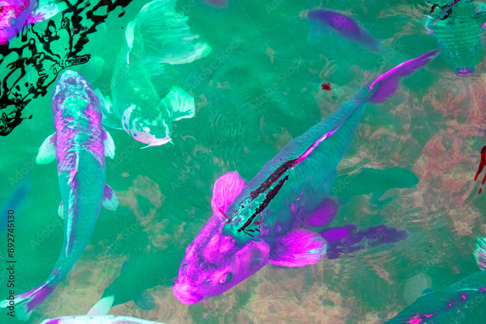 Naklejka premium Colorful koi fish swimming on the surface of the water.