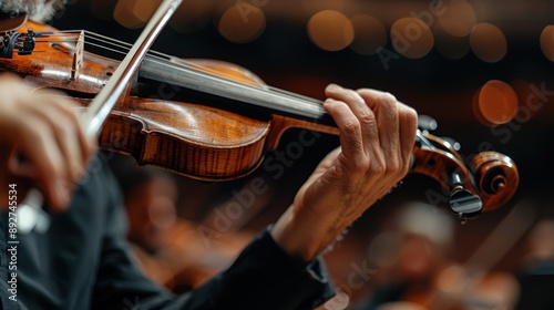 A musician's hand skillfully playing a violin on stage with an orchestra in the background, highlighting the intricate details of the violin and the performer's technique. photo