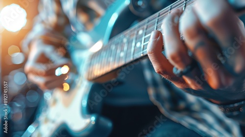 Close-up of a musician passionately playing an electric guitar on stage, highlighting the texture of the instrument, the musician's focused fingers, and the dynamic stage lights. photo