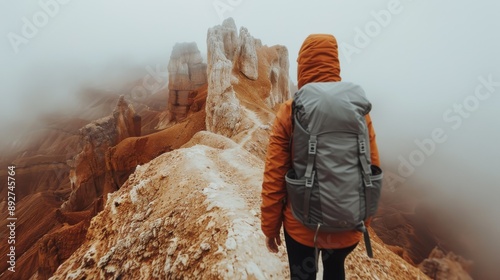 A lone hiker stands on a narrow ridge surrounded by a rocky landscape and shrouded in fog, highlighting the rugged and adventurous nature of the terrain. photo