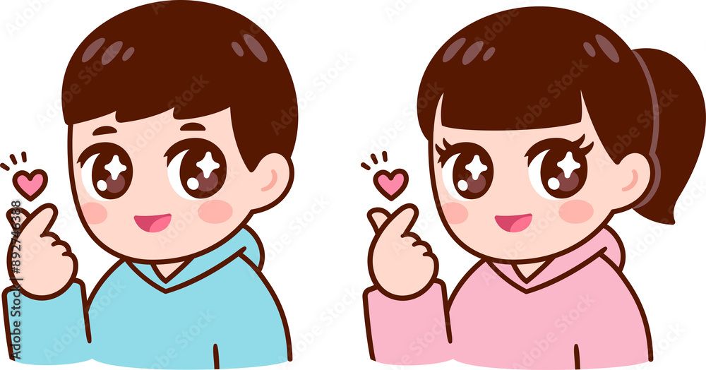 Kawaii Chibi style girl and boy making finger heart gesture. Cute cartoon anime characters clip art illustration. Kawaii Chibi style girl and boy making finger heart gesture. Cute cartoon anime characters clip art illustration.
