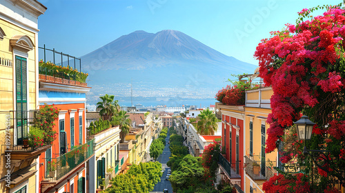 Fototapeta Naklejka Na Ścianę i Meble -  Amalfi coast look-like landscape, Italian town on the sea, terraced houses decorated with flowers. Mediterranean travel concept