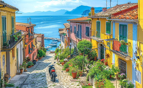Fototapeta Naklejka Na Ścianę i Meble -  Amalfi coast look-like landscape, Italian town on the sea, terraced houses decorated with flowers. Mediterranean travel concept