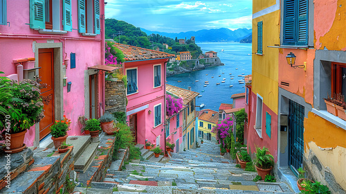 Fototapeta Naklejka Na Ścianę i Meble -  Amalfi coast look-like landscape, Italian town on the sea, terraced houses decorated with flowers. Mediterranean travel concept
