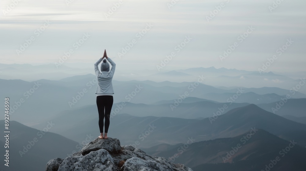 Obraz premium A person in a hoodie and leggings is seen from behind, standing on a mountain peak and practicing yoga, with a breathtaking view of the vast mountain ranges extending into the distance.