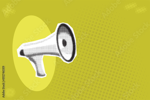 Halftone loudspeaker, trendy retro collage, vintage megaphone for announcing promotion.  loudspeaker with halftone elements. Vector illustration, pop art composition banner.