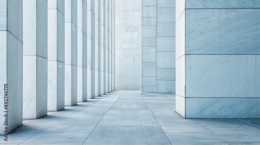 Obraz premium An image presenting a corridor of white architectural columns that create a symmetrical and minimalist visual effect, emphasizing grandeur and simplistic beauty.