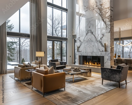 An elegant, open-concept living room featuring a modern fireplace with a marble surround, contemporary furniture in rich fabrics, large windows offering natural light, and sophisticated decor.