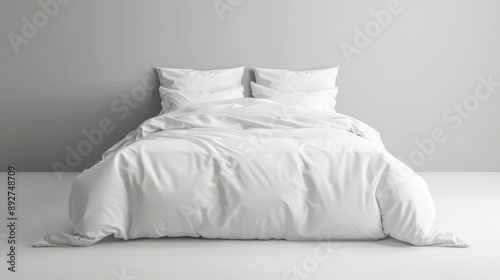 Blank bedding setup mockup. Front view of white bed. Pillows, duvet, and sheet in empty room with grey wall.