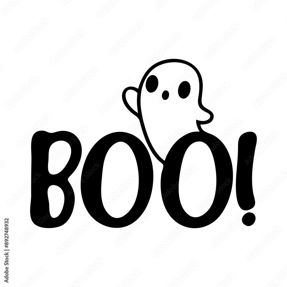 A cute, cartoon-style ghost with a simple face peeking from behind the word A cute, cartoon-style ghost with a simple face peeking from behind the word