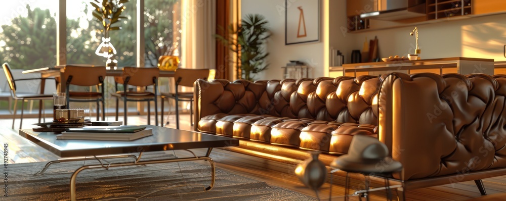 Cozy living room with a plush brown leather couch, a minimalist coffee table, and a sleek dining area, bathed in the golden light of afternoon sun. Cozy living room with a plush brown leather couch, a minimalist coffee table, and a sleek dining area, bathed in the golden light of afternoon sun.