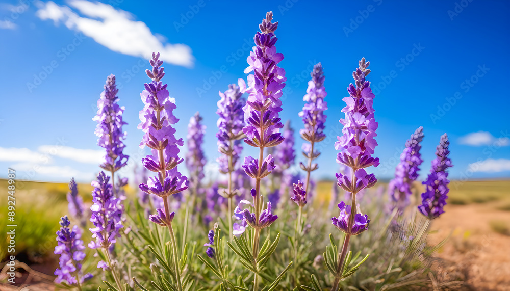 Naklejka premium Closeup Lavender Field with a Blue Sky