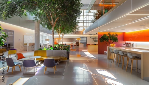 Contemporary open office with clean lines, colorful accents, ergonomic seating, indoor trees, and a cozy break area illuminated by ample natural light. Stunning,