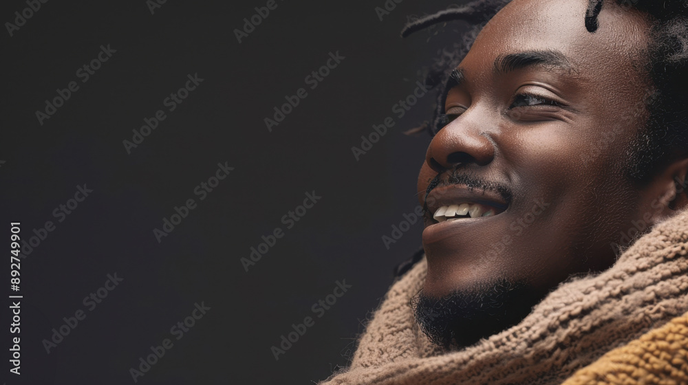 Smiling Young Man with Dreadlocks and Cozy Scarf Studio Portrait Smiling Young Man with Dreadlocks and Cozy Scarf Studio Portrait
