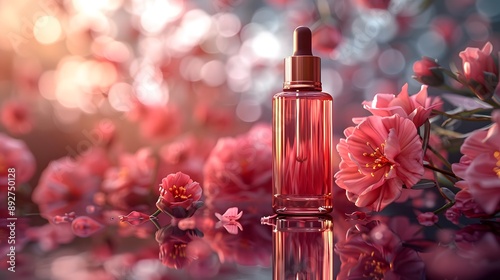amber dropper bottle surrounded by delicate petals and gentle candlelight, beauty routine, and home decor 