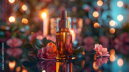 a luxurious amber glass dropper bottle filled with  serum, set against a romantic backdrop of soft candlelight and blooming flowers