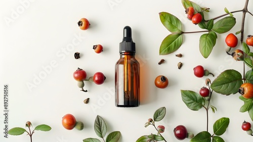 amber glass dropper bottle with vibrant red rosehips and green leaves, natural skincare and essential oils