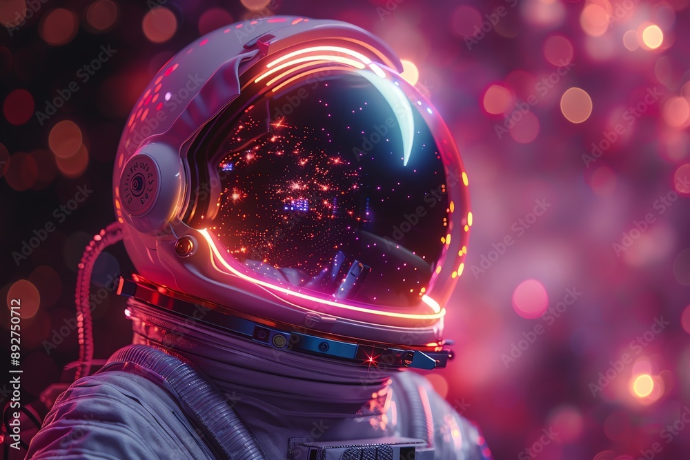 Astronaut helmet reflecting cosmic lights in a dreamy space scene, showcasing the beauty and wonder of outer space exploration. Astronaut helmet reflecting cosmic lights in a dreamy space scene, showcasing the beauty and wonder of outer space exploration.