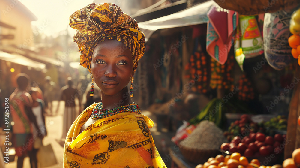 Naklejka premium Smiling woman in traditional African market with colorful headscarf