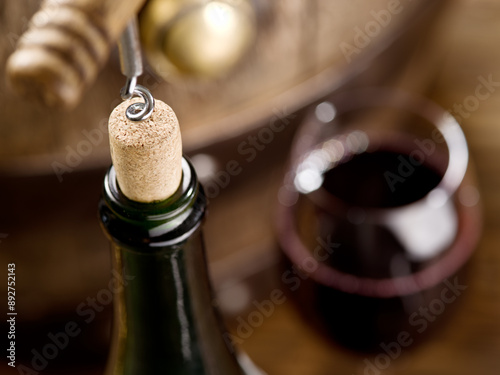 Opening a bottle of wine with a corkscrew. Blurred glass of red wine at the background. Top view. photo