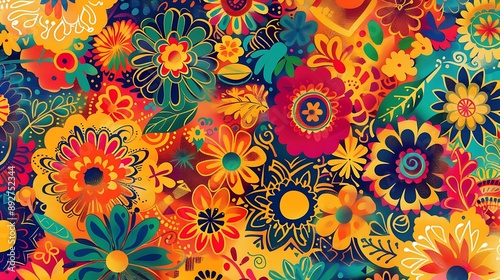 A bright, abstract background featuring traditional Hispanic designs and colors
