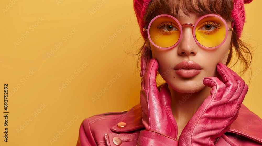 Fototapeta premium Woman wearing pink sunglasses, gloves, and hat, posing stylishly against a yellow background. Concept of fashion and color contrast