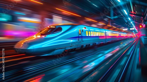 Shinkansen travels at high speed with lightning effects. © Anditya