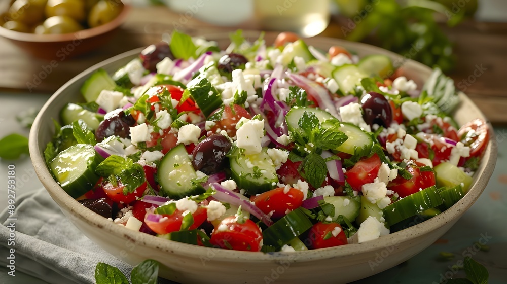 A fresh and zesty Greek salad, with feta cheese, olives, cucumbers, tomatoes, and red onions. Restaurant food menu A fresh and zesty Greek salad, with feta cheese, olives, cucumbers, tomatoes, and red onions. Restaurant food menu