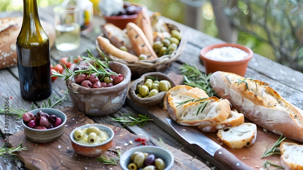 A rustic wooden table set with an assortment of freshly baked artisan breads, olives, and dips. Restaurant food menu A rustic wooden table set with an assortment of freshly baked artisan breads, olives, and dips. Restaurant food menu