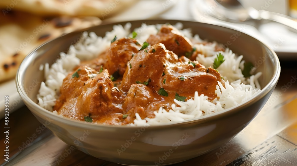 A bowl of fragrant Indian butter chicken, served with fluffy basmati rice and naan bread. Restaurant food menu A bowl of fragrant Indian butter chicken, served with fluffy basmati rice and naan bread. Restaurant food menu