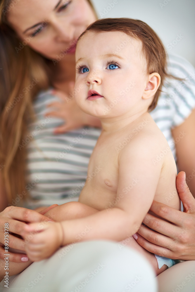 Baby, thinking and woman in home for love, care and support or growth and protection for kid. Development, safety and family or mom in living room with child or memory, trust and together in morning Baby, thinking and woman in home for love, care and support or growth and protection for kid. Development, safety and family or mom in living room with child or memory, trust and together in morning