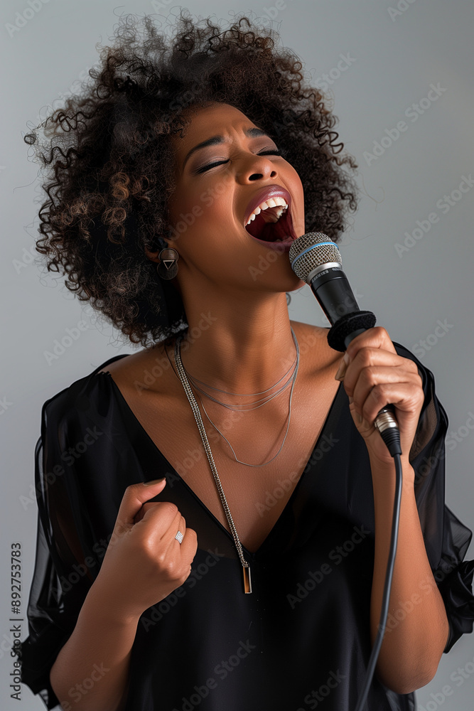 Mulher afro, cantora negra cantando no microfone Mulher afro, cantora negra cantando no microfone
