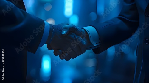 The Handshake of a Business Partnership Captured Lines of Precision Dark Blue-Dark Indigo Tone Octane Render Tenwave Influence of Provia Photo photo