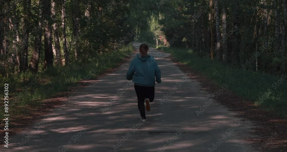An overweight woman runs along an asphalt road through the forest. Motivation. A woman goes in for sports to lose weight and get her body in shape. Overweight woman jogging. An overweight woman runs along an asphalt road through the forest. Motivation. A woman goes in for sports to lose weight and get her body in shape. Overweight woman jogging.