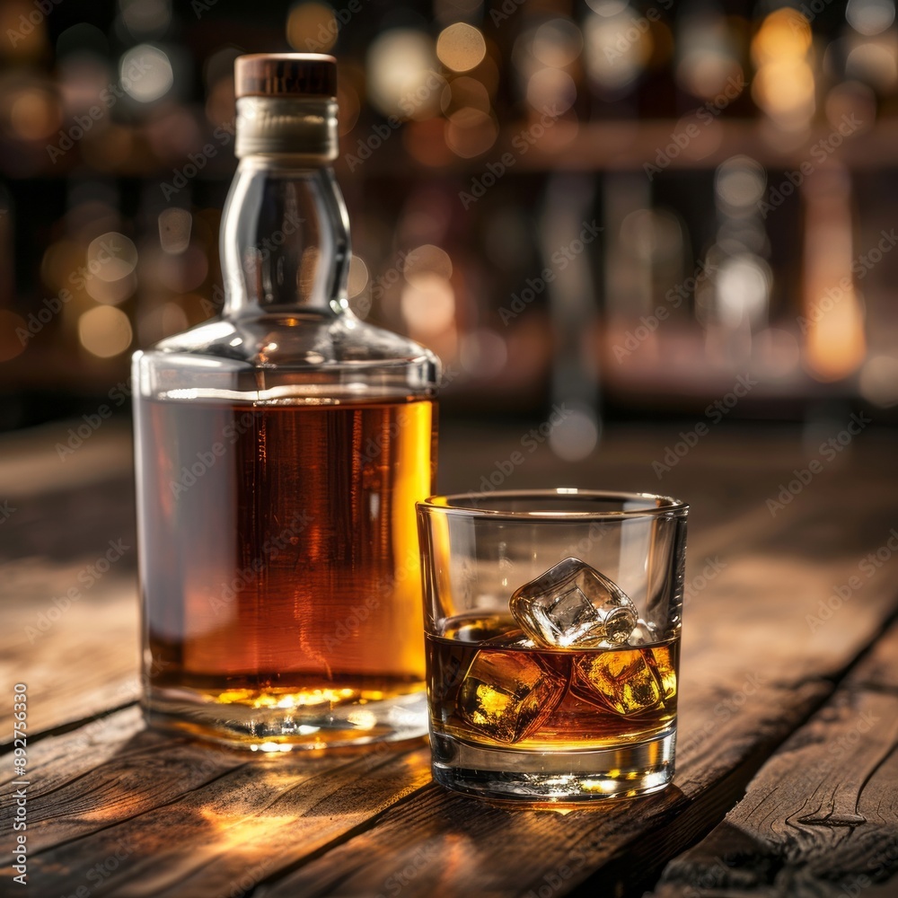 A bottle of whiskey next to a glass of whiskey Suitable for alcohol and beverage themes A bottle of whiskey next to a glass of whiskey Suitable for alcohol and beverage themes