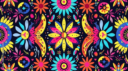 A vibrant abstract pattern with bold Hispanic cultural motifs