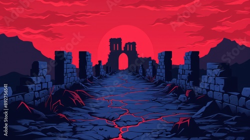 A shadowy, eerie ruin with dark paths and broken walls to signify worry and sin