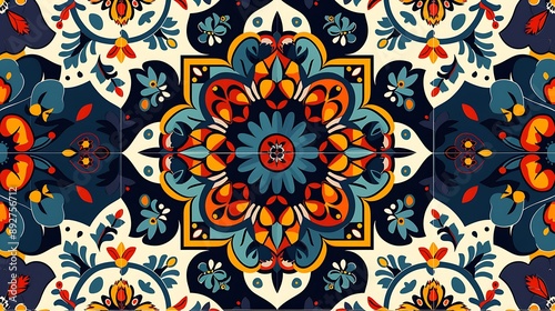 A vibrant and intricate traditional Hispanic pattern with bold designs