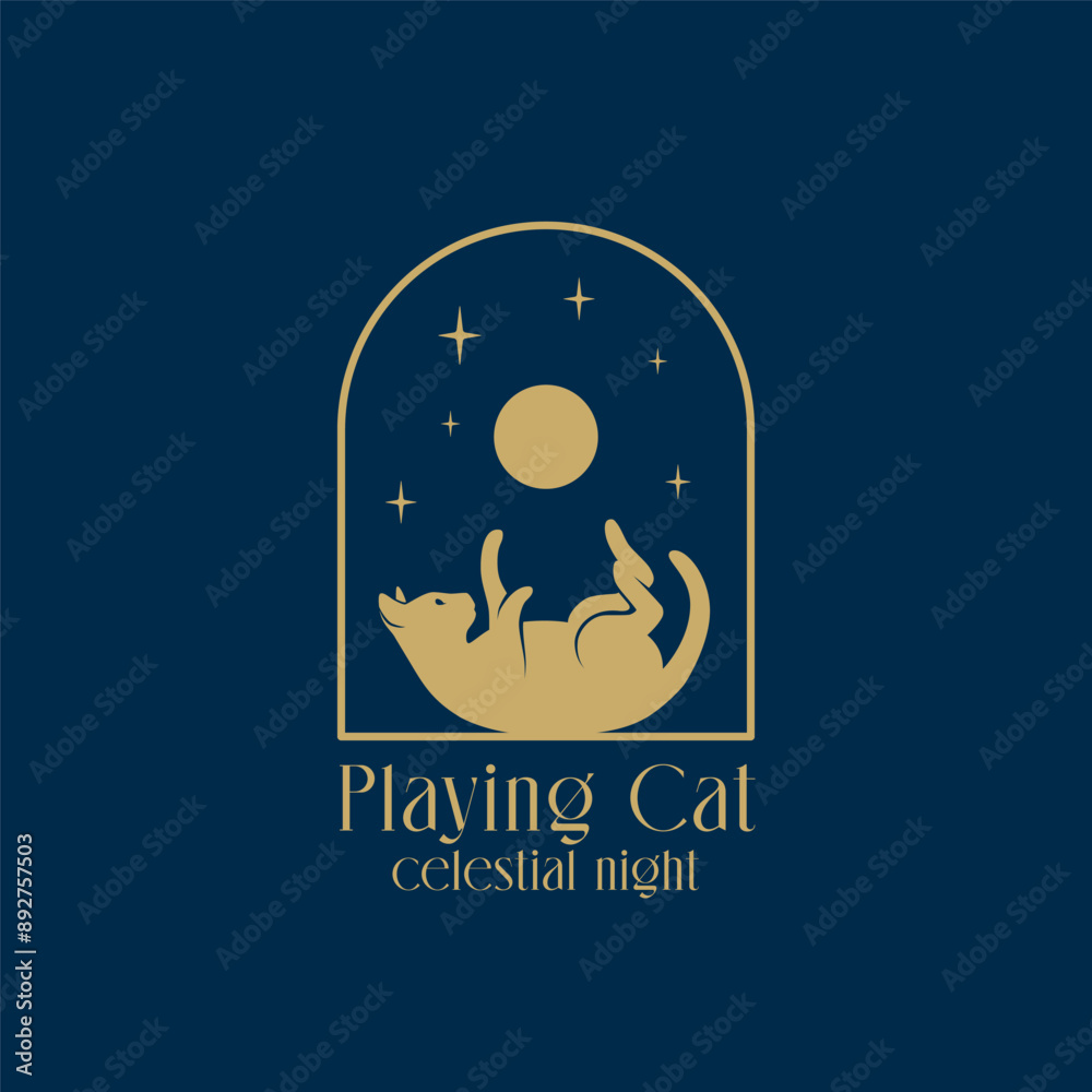 Celestial boho arch frame with cat, moon and stars logo Template. Vector minimal abstract emblem Isolated Celestial boho arch frame with cat, moon and stars logo Template. Vector minimal abstract emblem Isolated