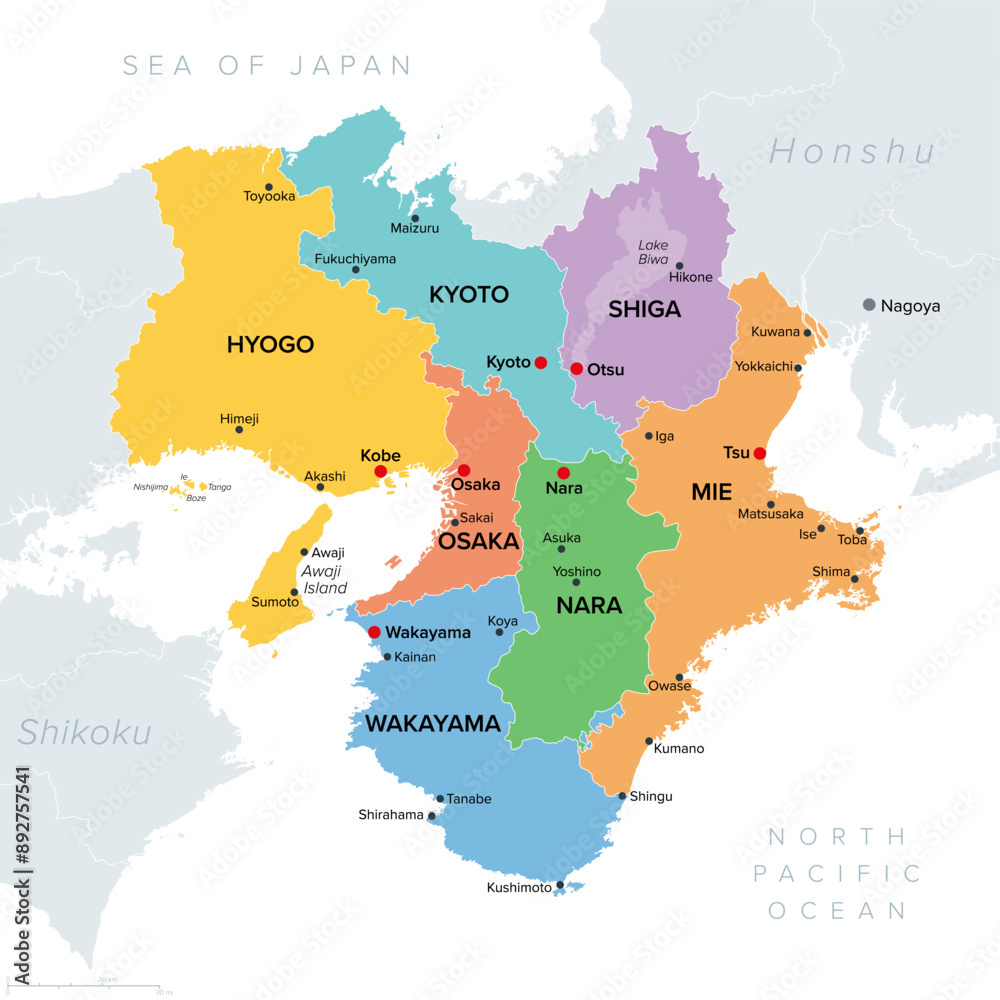 Tableau sur toile Kansai region, or also Kinki region in Japan, multi colored political map