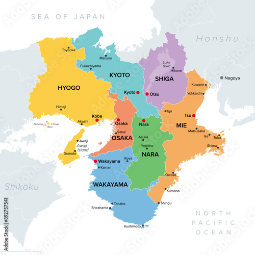 Kansai region, or also Kinki region in Japan, multi colored political map. Southern-central region of main island Honshu, consisting of prefectures Hyogo, Mie, Nara, Osaka, Kyoto, Shiga, and Wakayama.